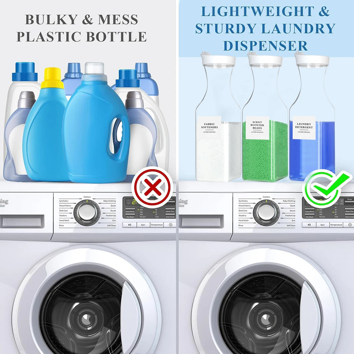 Three plastic bottles of laundry detergent and fabric softeners are shown next to a washing machine.