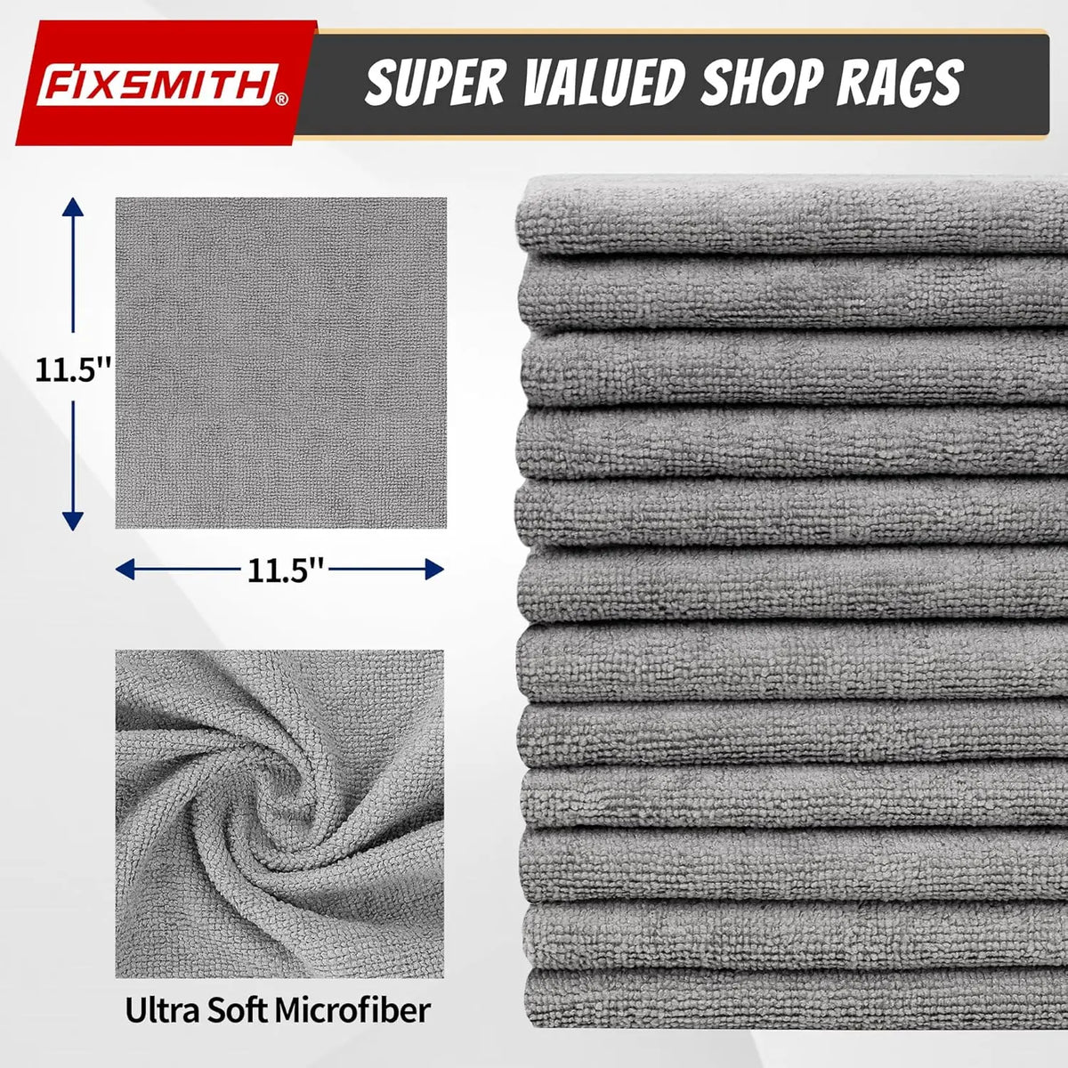 Stack of gray Ultra Soft microfiber shop rags for cleaning