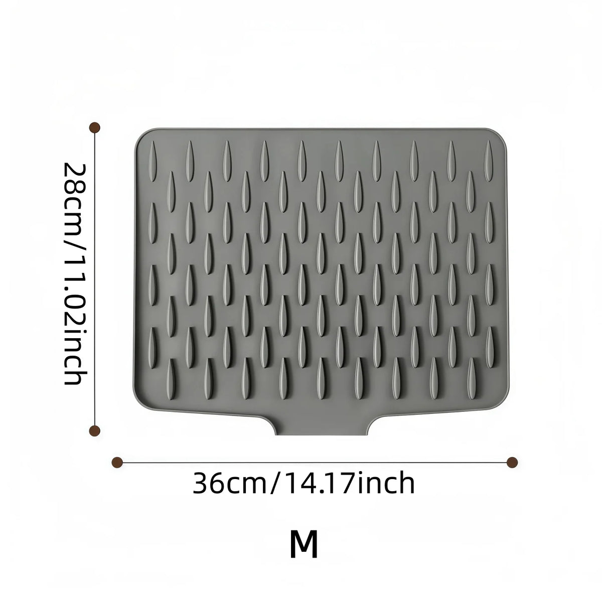 Gray silicone drain mat with a perforated surface measuring 28cm by 36cm.