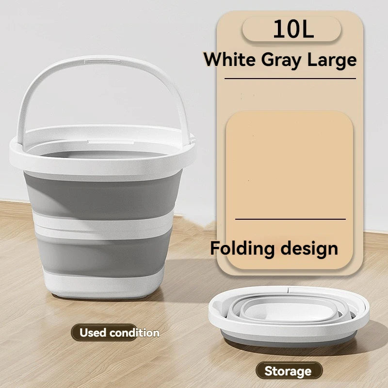 A white and gray collapsible water bucket with a handle shown in various forms and storage options.
