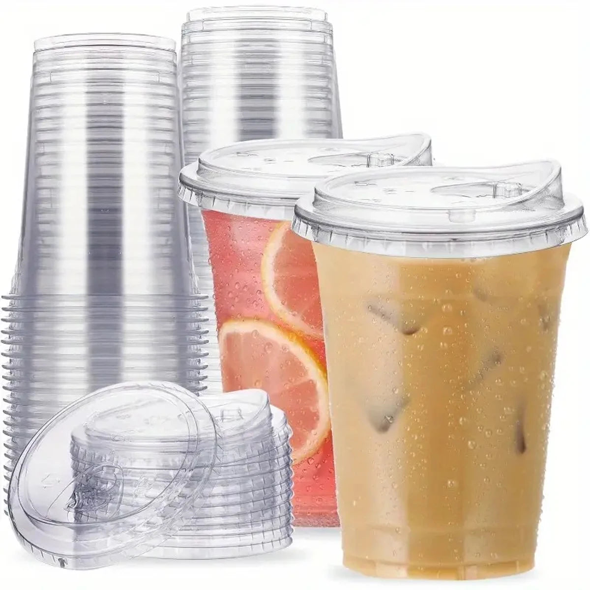 A stack of clear reusable disposable coffee cups with lids and a tall glass filled with iced coffee.