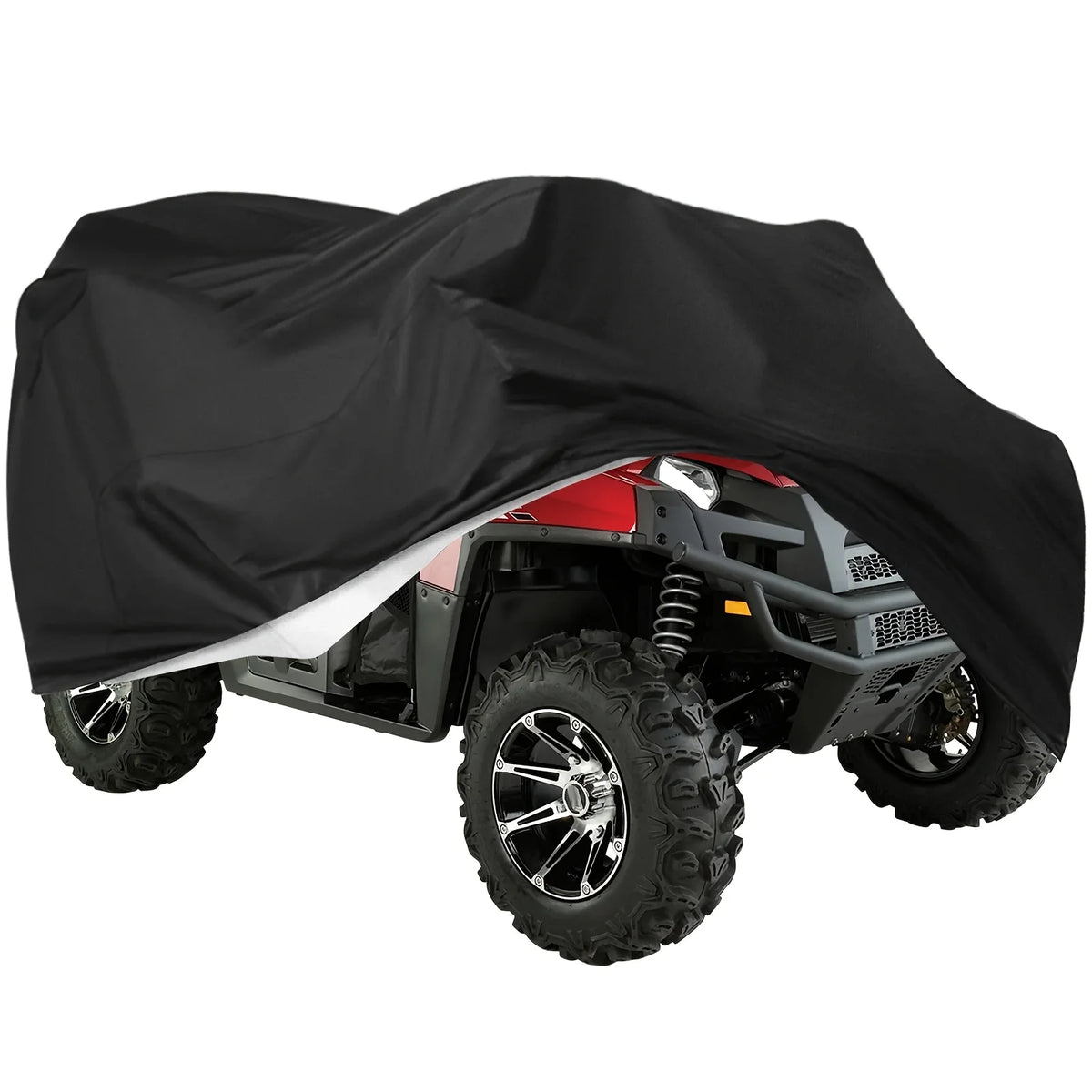 A black heavy-duty ATV cover is shown draped over a red and black off-road vehicle.