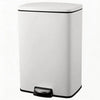 A white pedal trash bin with a black rim and a silver foot pedal.