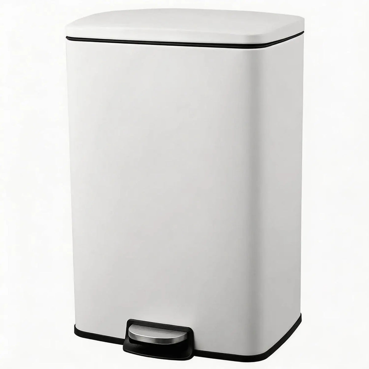 A white pedal trash bin with a black rim and a silver foot pedal.
