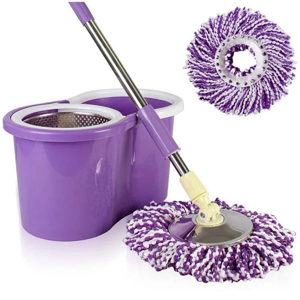 Purple replacement microfiber spinning mop heads and a mop handle in a purple bucket.