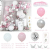 A pink and silver balloon garland featuring heart shapes, various sizes, and decorative elements for a celebration.