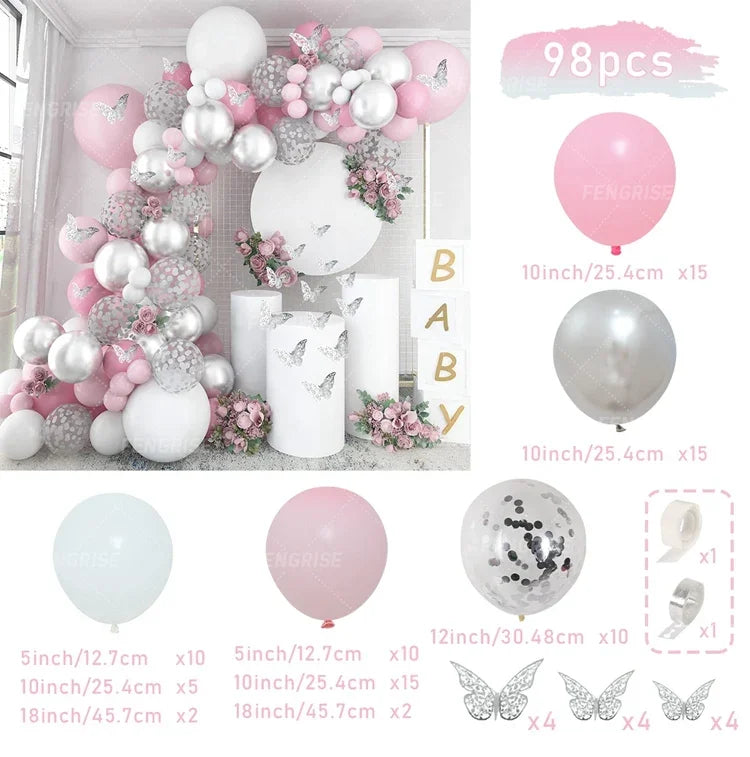 A pink and silver balloon garland featuring heart shapes, various sizes, and decorative elements for a celebration.