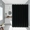 Pure black decorative shower curtain hanging on a rod in a bathroom setting.