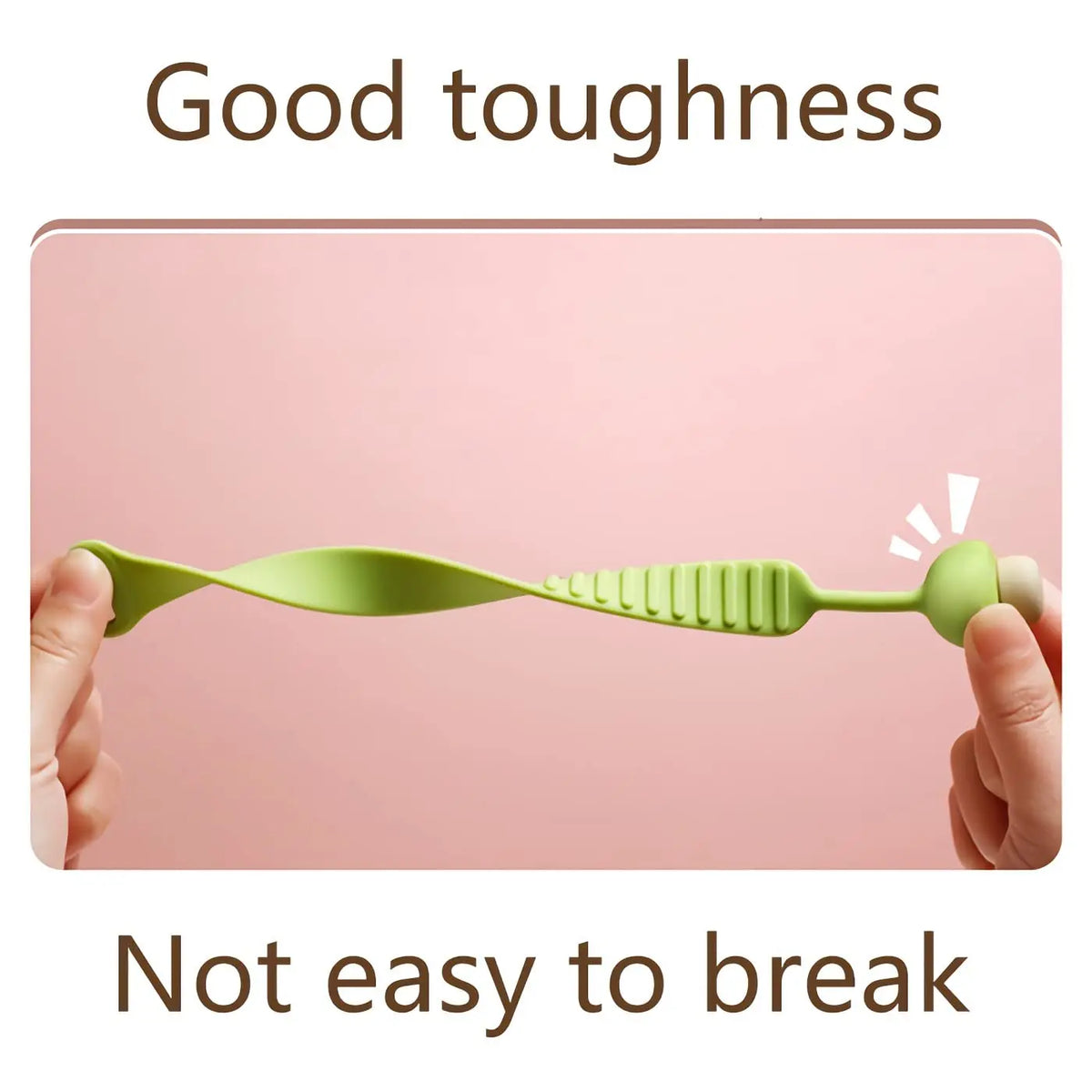 A hand holds a bright green silicone toilet lid lifter, demonstrating its toughness and durability.
