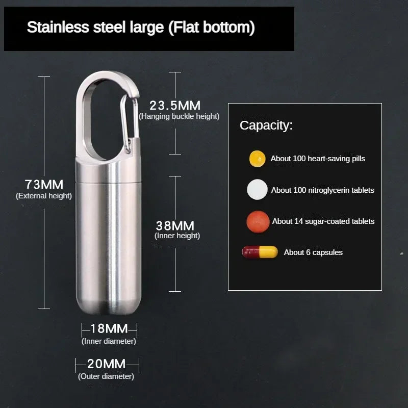 Stainless steel travel pill box with a hanging buckle, showing internal and external dimensions.