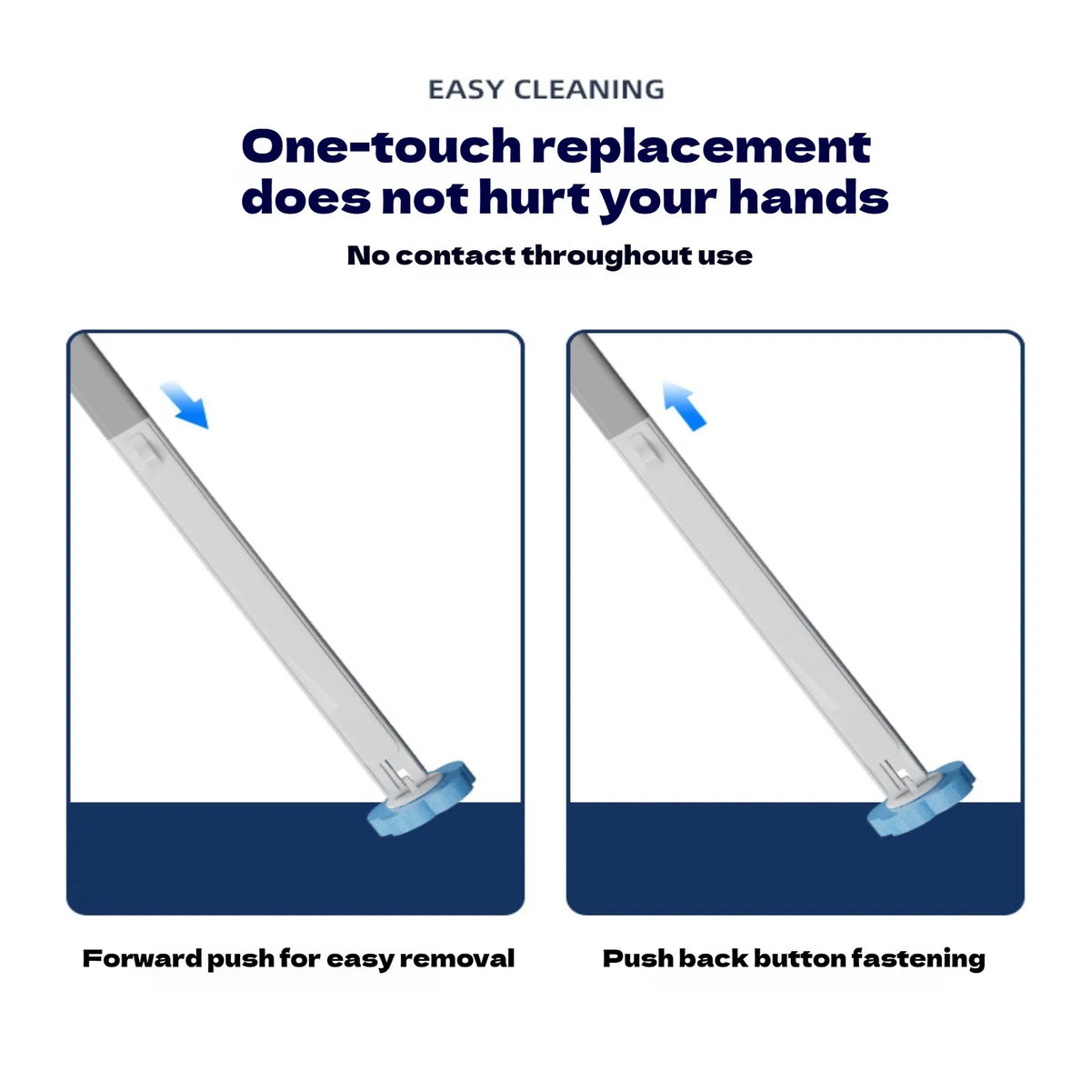 A long-handled toilet brush set showing a forward push for easy removal and a push back button fastening.