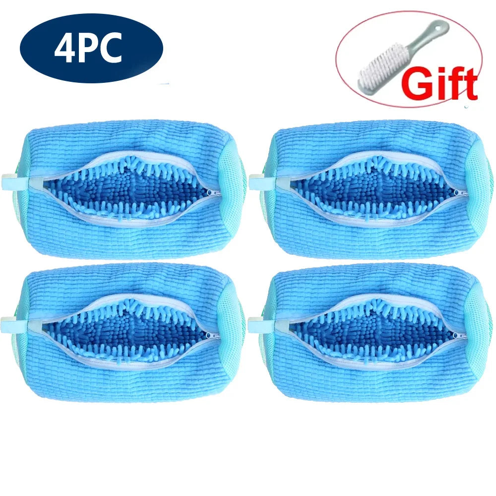 Four blue reusable shoe cleaning bags with a cleaning tool gift
