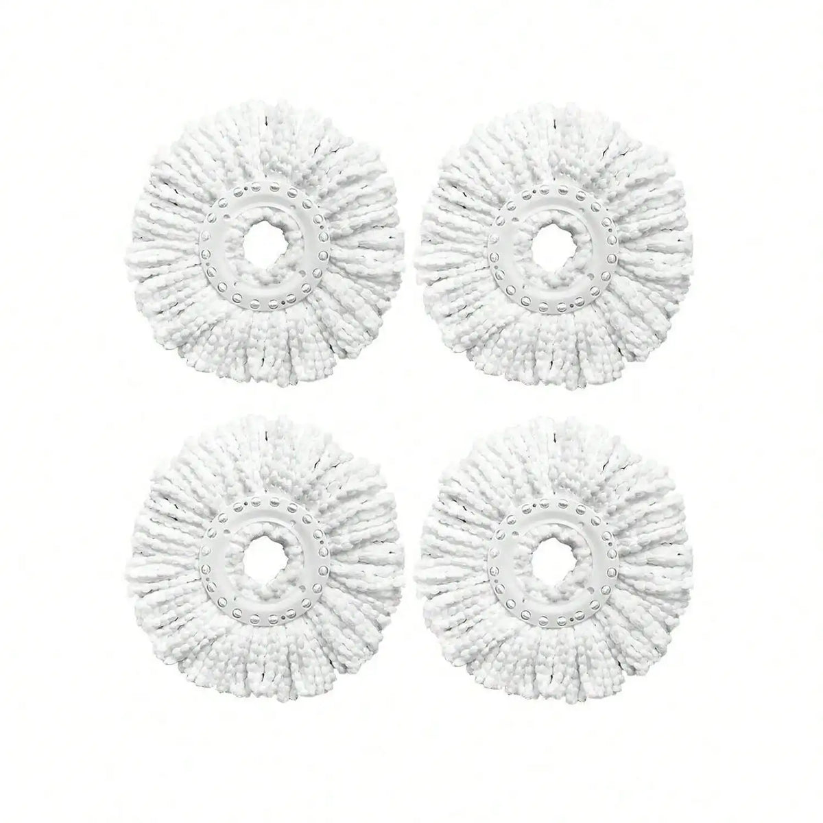 Four white microfiber spin mop heads arranged in two rows of two.
