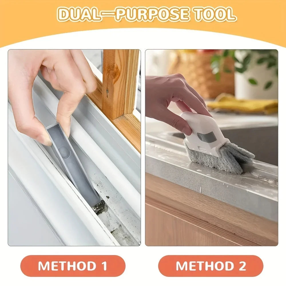Herramienta de doble propósito que muestra dos métodos para limpiar ventanas y rieles.