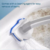 A reusable toilet cleaning brush kit with a cleaning agent is shown being used to remove stains from a white toilet bowl.