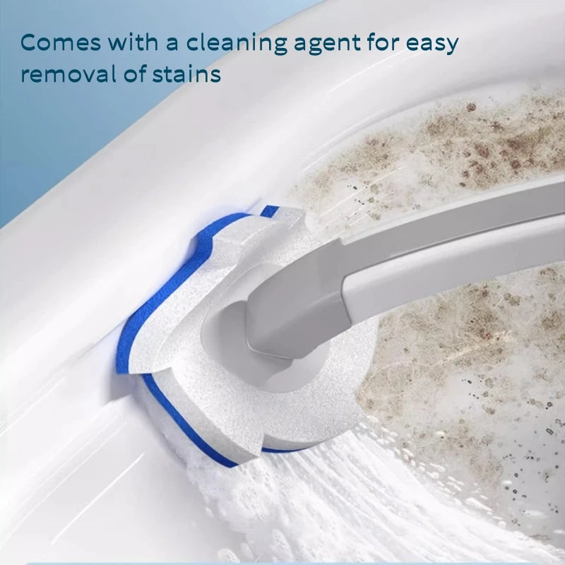A reusable toilet cleaning brush kit with a cleaning agent is shown being used to remove stains from a white toilet bowl.