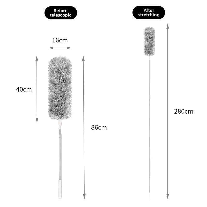 Comparison showing the length of an extendable microfiber duster before and after stretching.