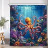 A vibrant tropical sea life shower curtain featuring colorful fish and coral against a blue ocean background.