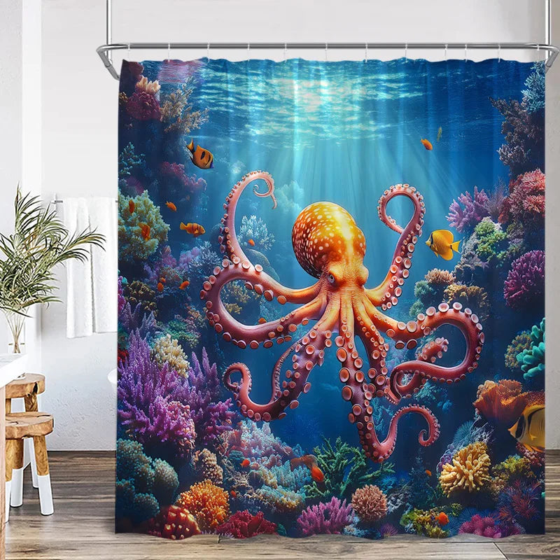 A vibrant tropical sea life shower curtain featuring colorful fish and coral against a blue ocean background.