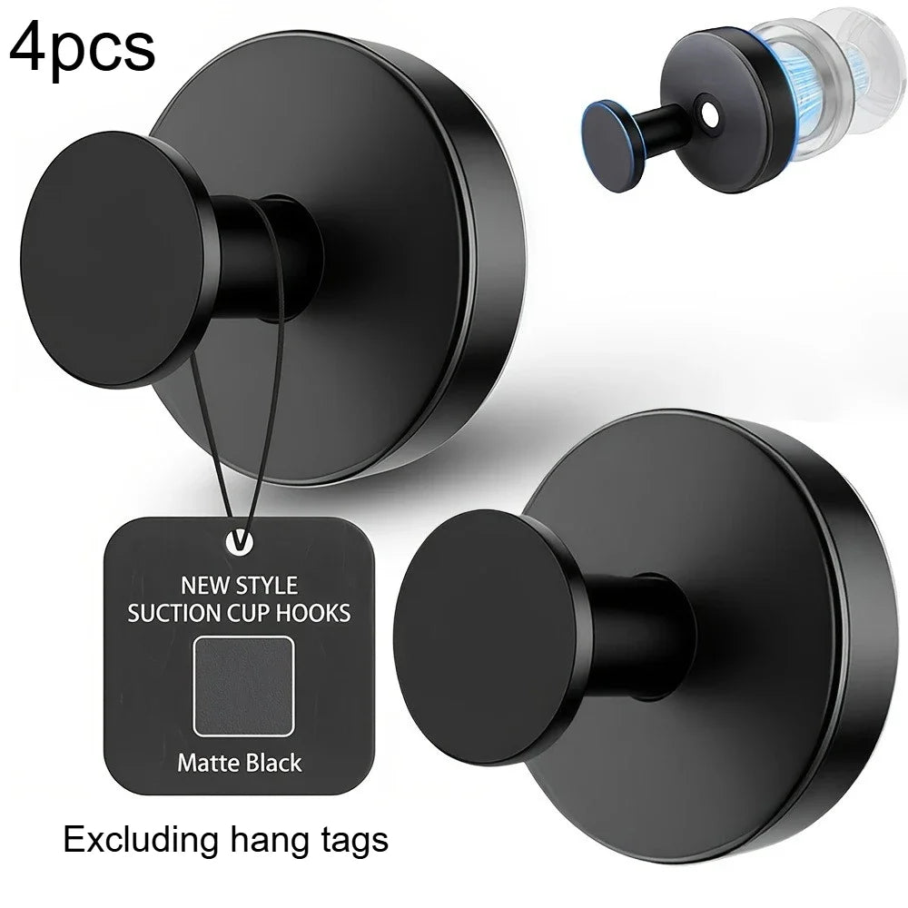 Four matte black suction cup hooks shown in various views, including a close-up and a full product shot.