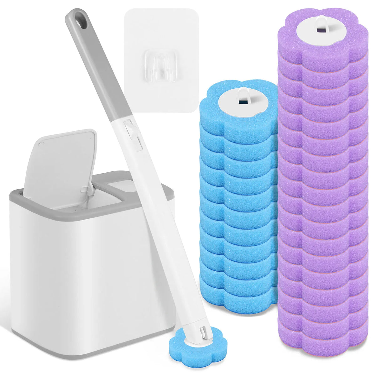 Kit de nettoyage pour toilette jetable : brosse longue, support et deux éponges violettes et bleues.