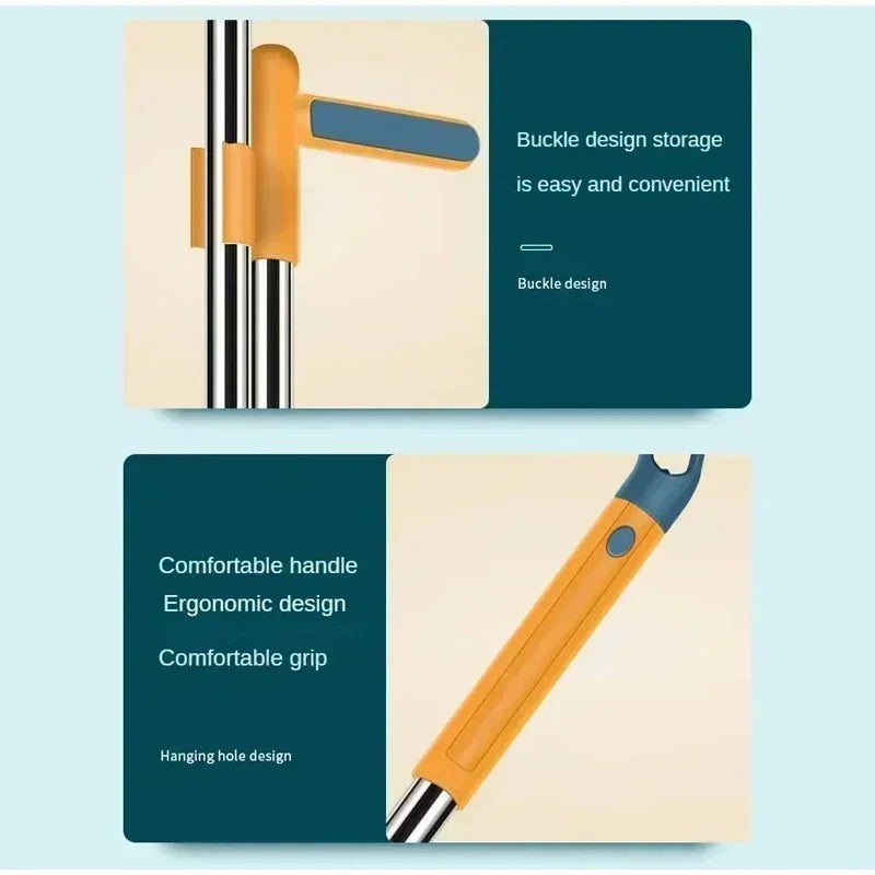 An ergonomic long handle broom and dustpan set with a comfortable grip and buckle design storage.