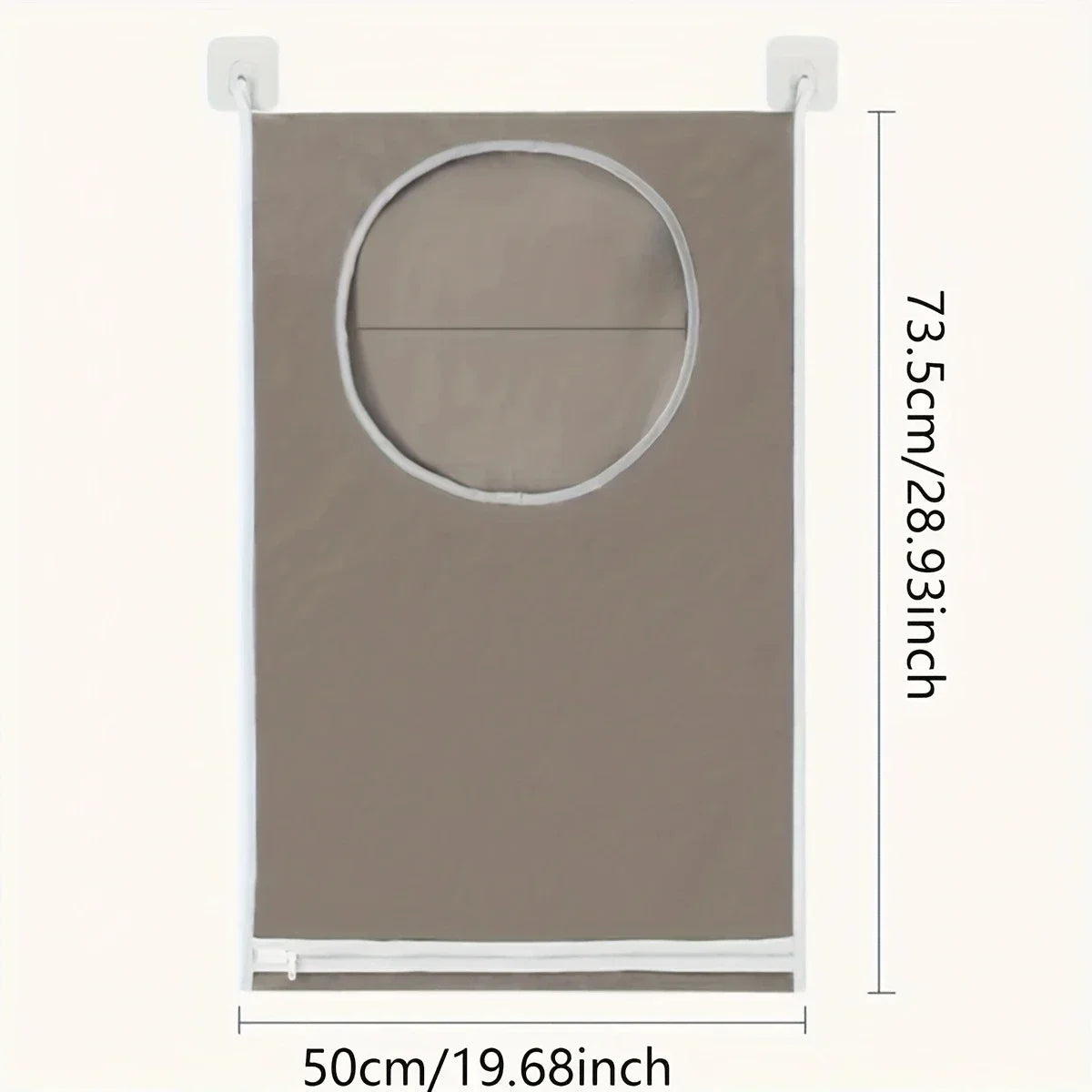 A rectangular beige fabric organizer with a circular cutout for hanging laundry, measuring 50cm wide by 73.5cm high.