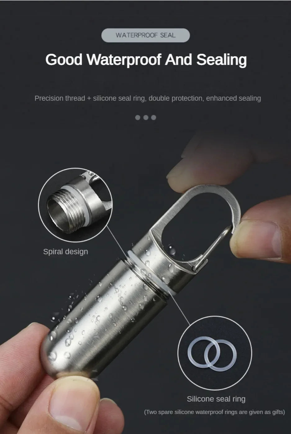 Stainless steel travel pill box with a spiral design and silicone seal ring being held by a hand.