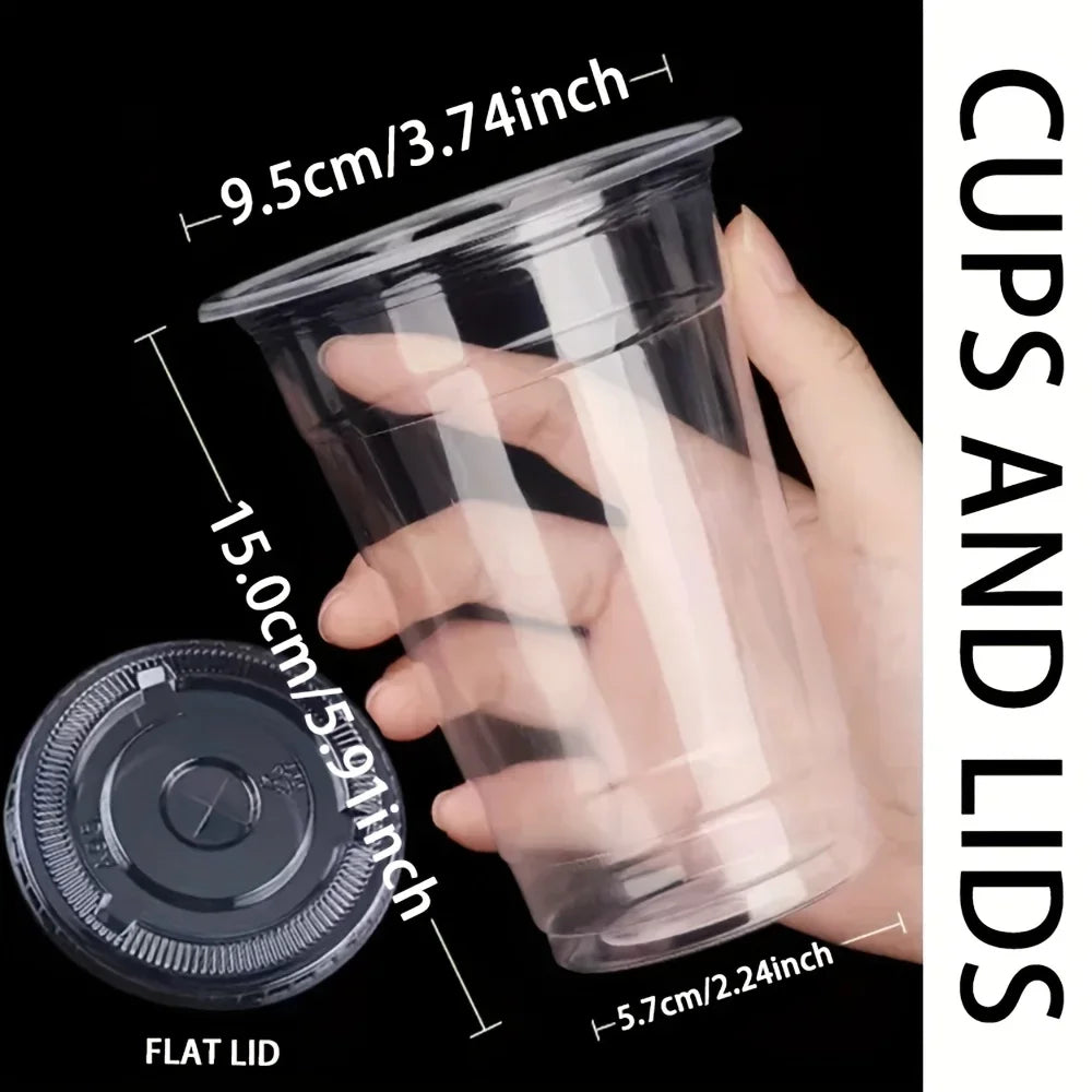 A hand holds a clear plastic cup with a flat lid, showing its dimensions.