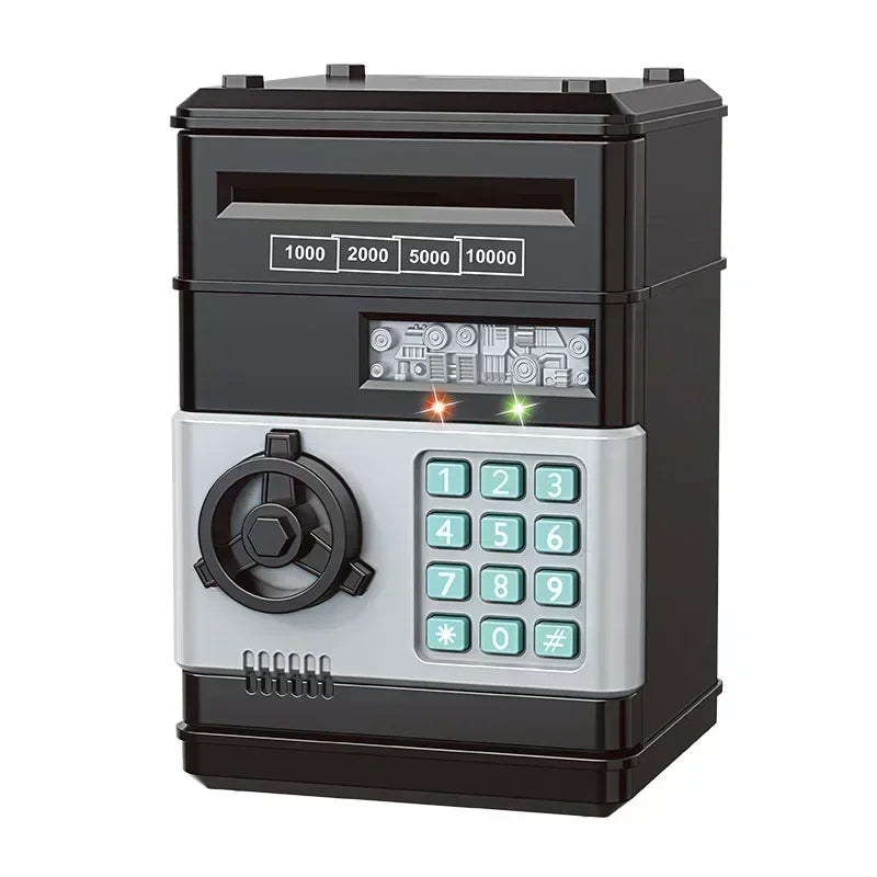 A black electronic password piggy bank with a digital display and a rotary dial.