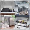 Foldable stainless steel oil splash guard for stovetop showing various angles and components.