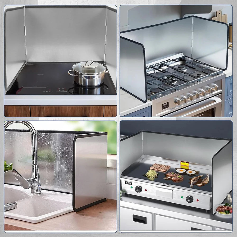 Foldable stainless steel oil splash guard for stovetop showing various angles and components.