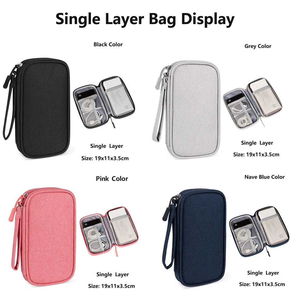 Single layer bag display in black, grey, and pink colors showing organized cable storage.