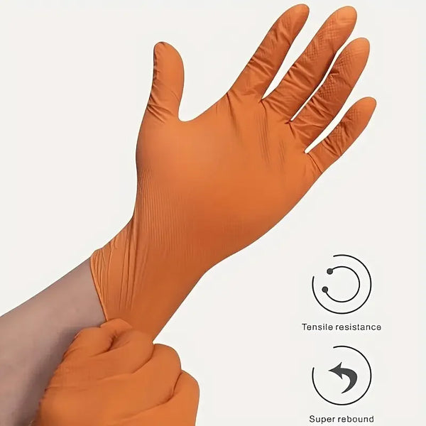 Orange heavy duty nitrile industrial gloves shown on a hand with icons indicating tensile resistance and super rebound