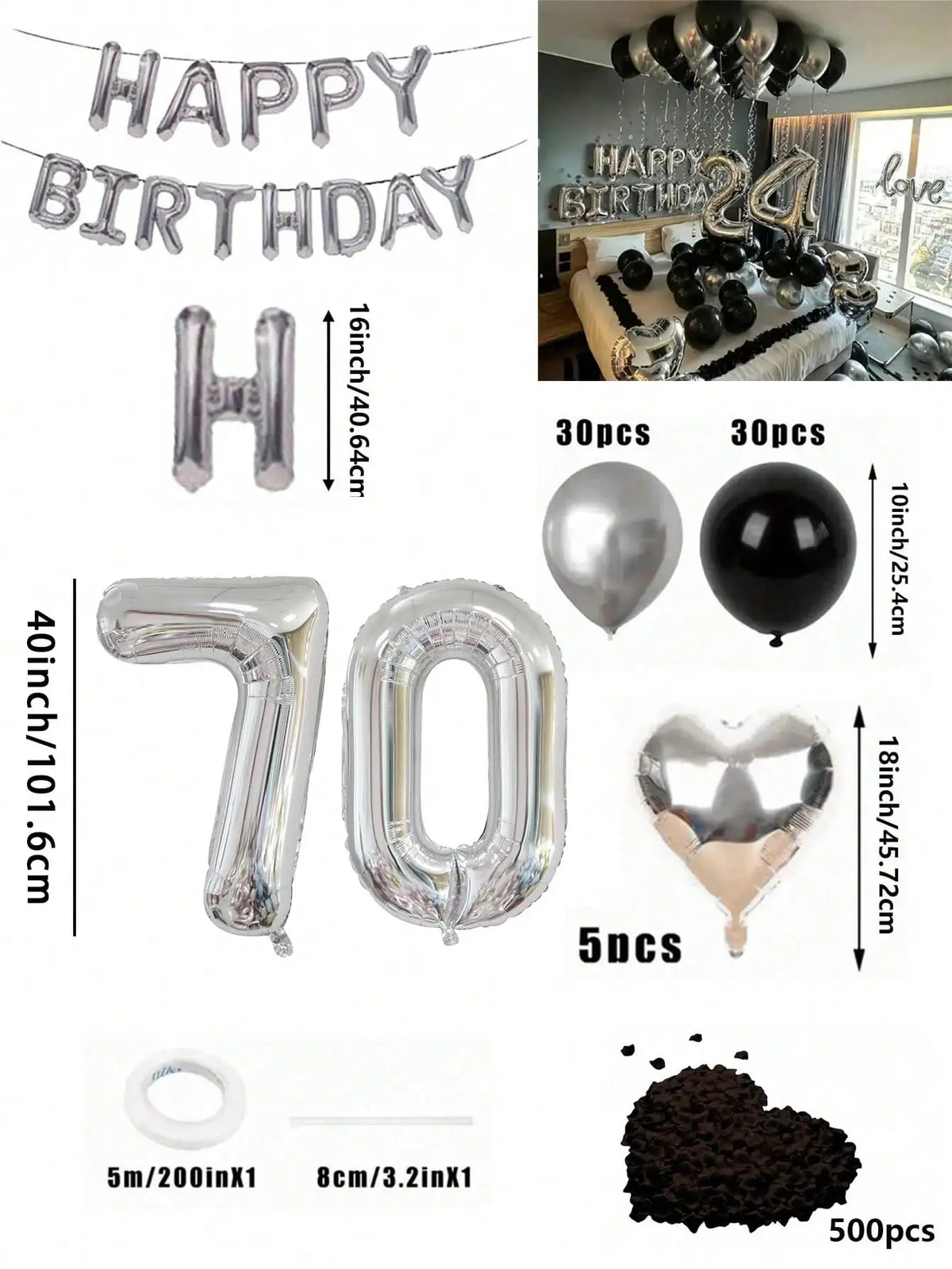Un set de globos con números y una forma de corazón en foil plateado y negro para decoración de cumpleaños.