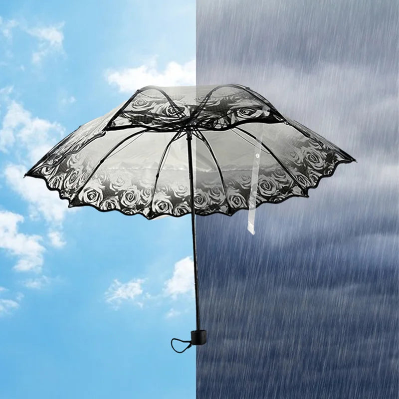 A black retro transparent folding umbrella is open against a blue sky and a modern glass building.