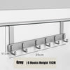 Grey heavy-duty adhesive door hooks with 6 hooks, each measuring 11cm and 39cm long.