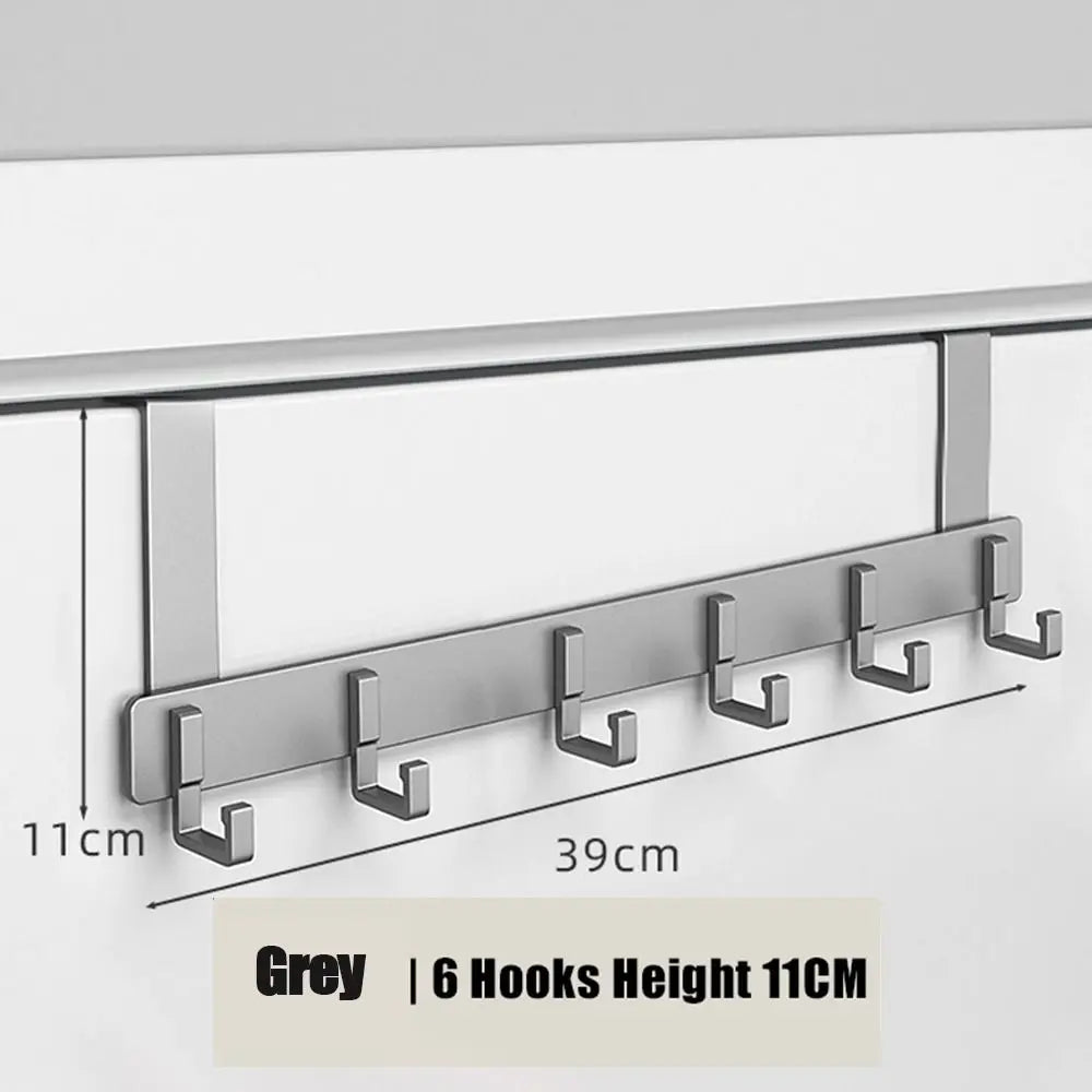 Grey heavy-duty adhesive door hooks with 6 hooks, each measuring 11cm and 39cm long.