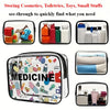 A clear, waterproof travel organizer pouch containing various cosmetics, toiletries, toys, and small items.