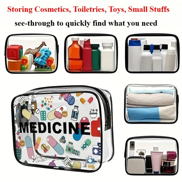 A clear, waterproof travel organizer pouch containing various cosmetics, toiletries, toys, and small items.
