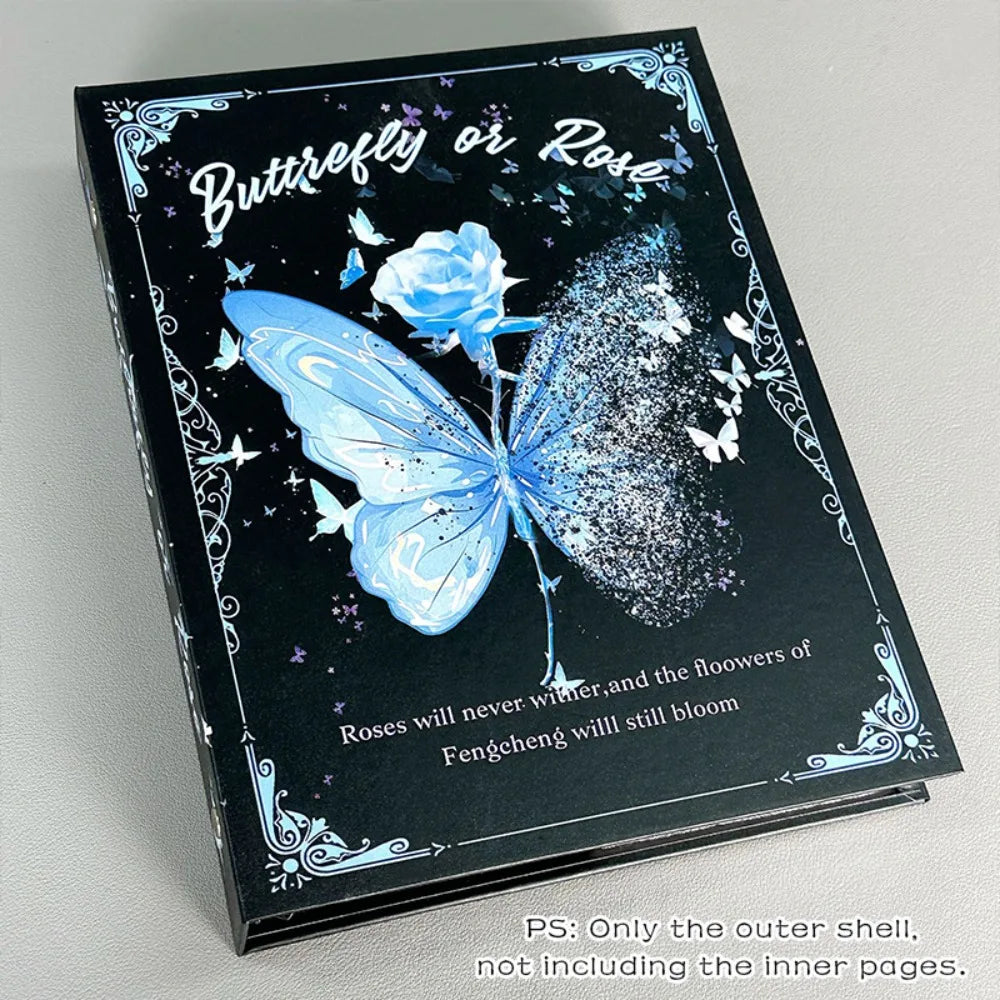 A black photo album cover featuring a blue butterfly design and text about roses and flowers.