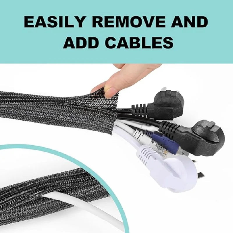 A hand is easily removing and adding braided cable sleeves for protection.