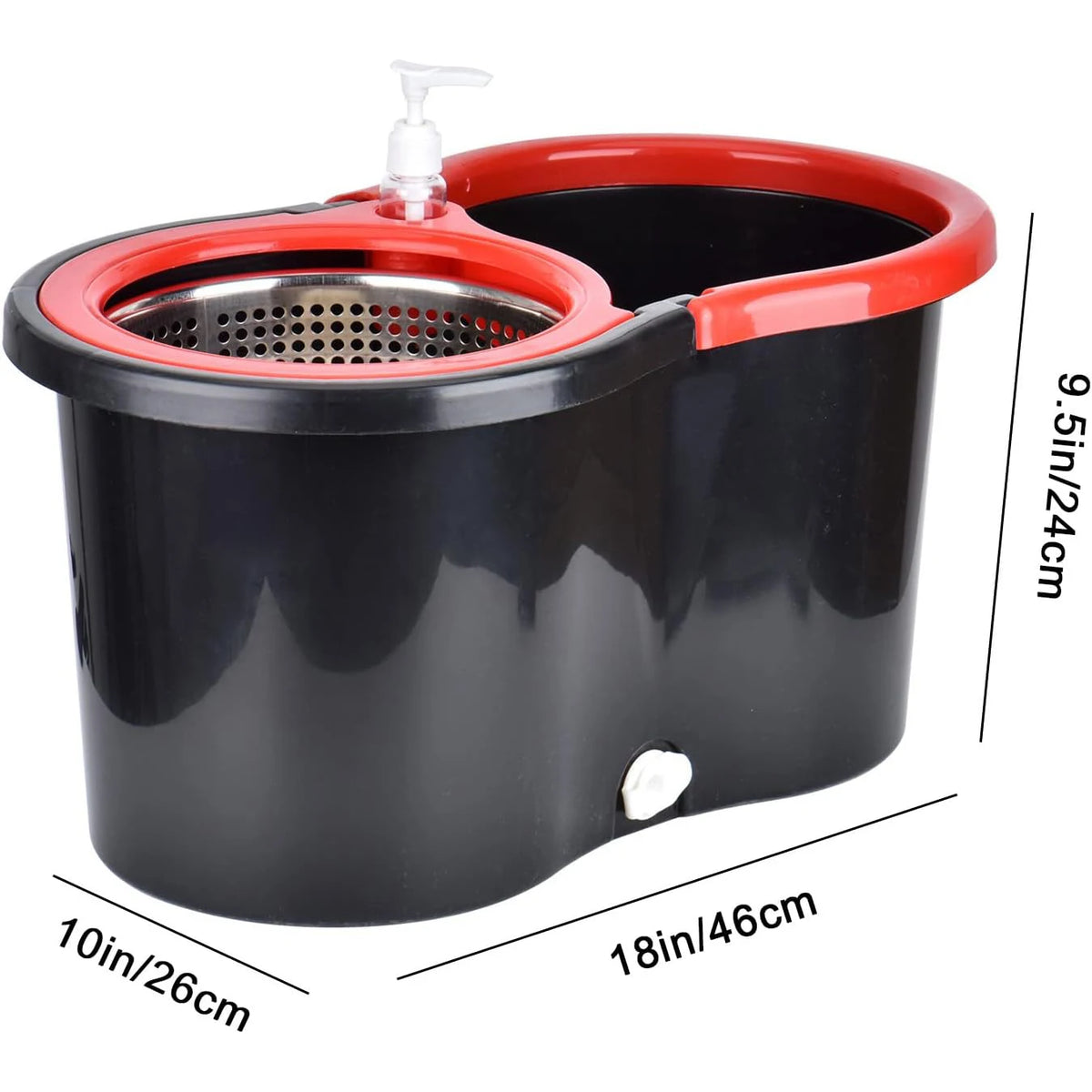 Un cubo fregador negro con borde rojo y una boquilla de spray transparente, visto de lado.