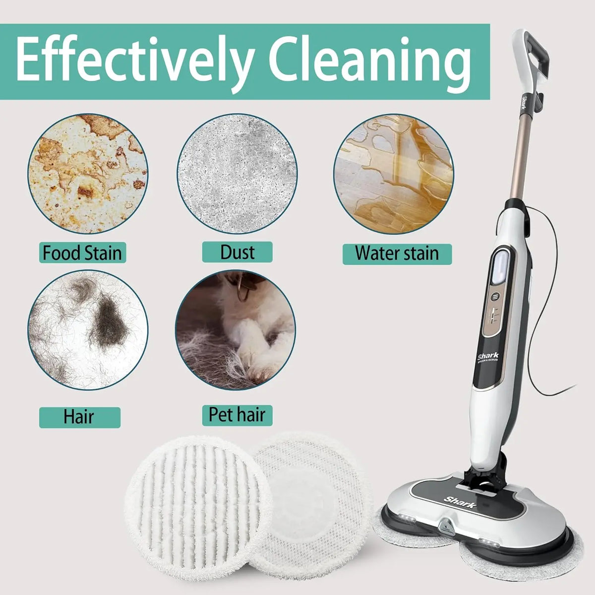 Replacement mop cloth pads for a Shark vacuum cleaner shown with various stains and hair samples.