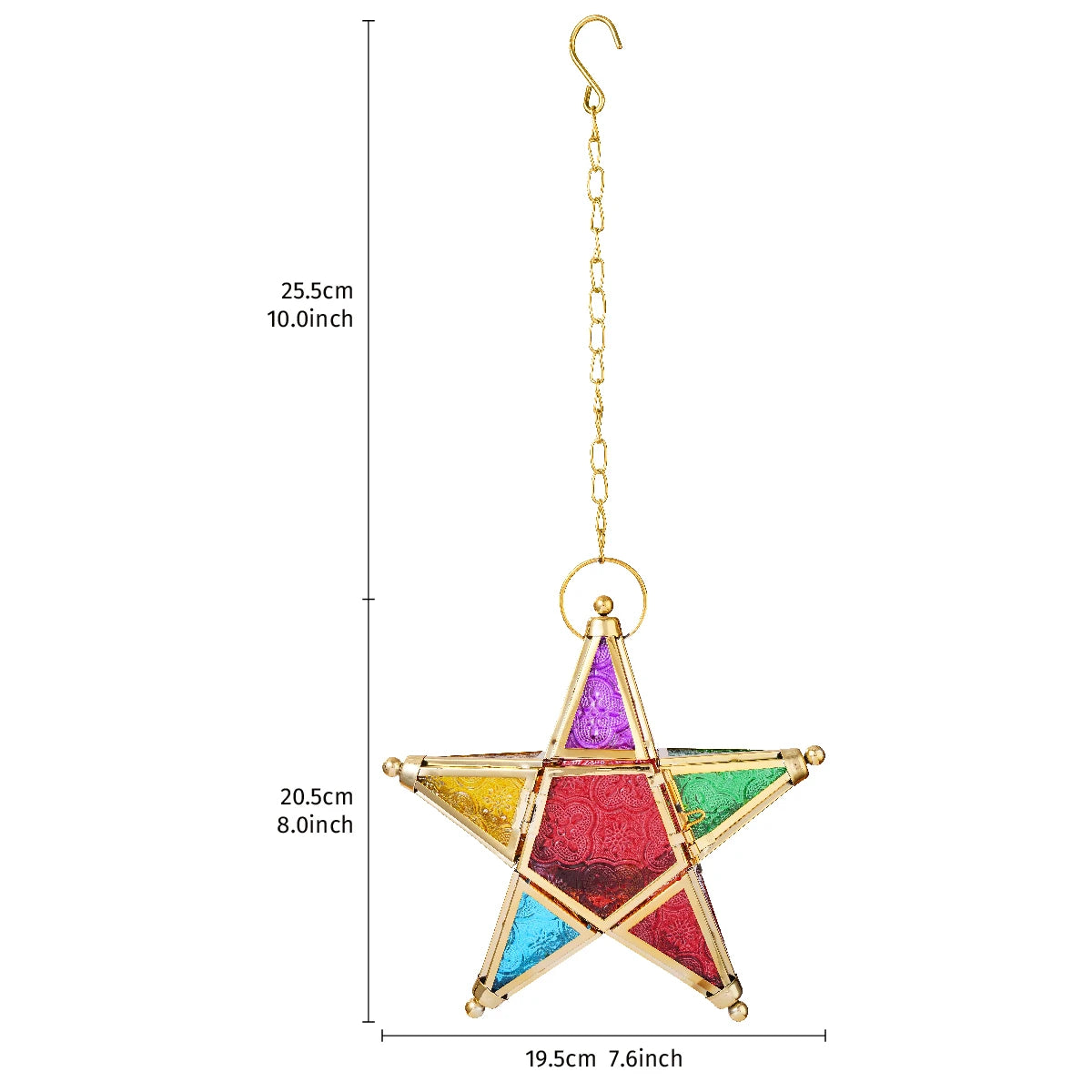 A hanging candlestick shaped like a five-pointed star with multicolored, glittery glass accents.