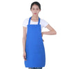 A woman wearing a bright blue oil-proof cooking apron with pockets.