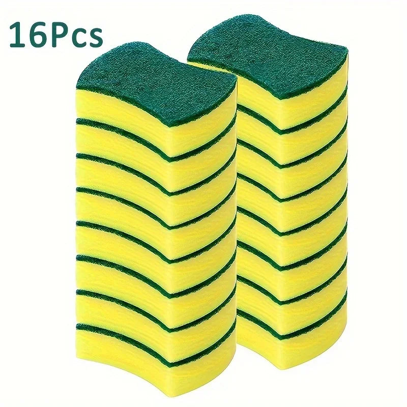 A set of 16 green and yellow heavy-duty double-sided magic cleaning sponges stacked vertically.