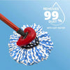 A red mop head is shown cleaning a blue and white scrubbing brush, with text indicating it removes 99% dust with just water.
