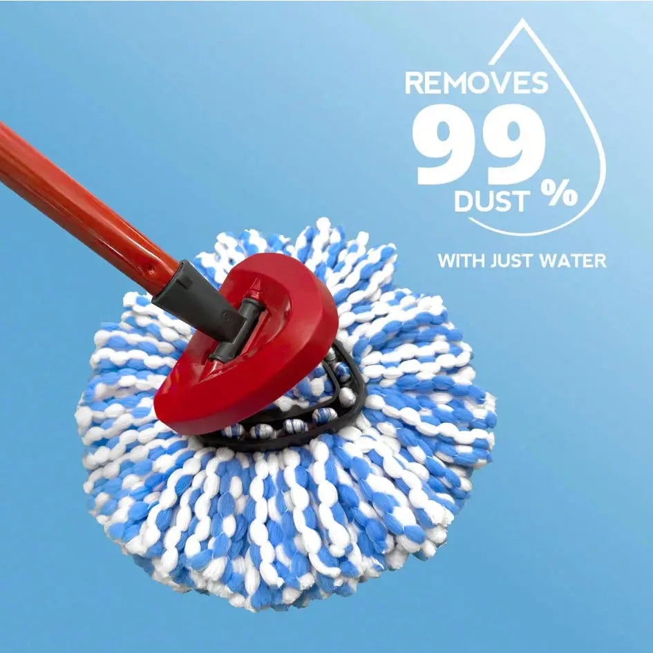 A red mop head is shown cleaning a blue and white scrubbing brush, with text indicating it removes 99% dust with just water.
