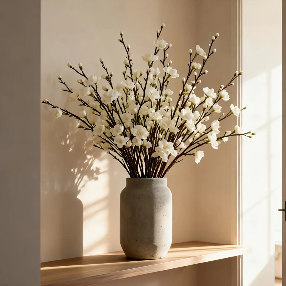 A vase filled with artificial white plum blossoms displayed on a wooden shelf.